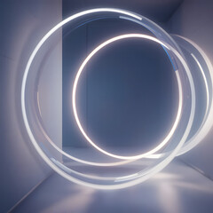Minimalistic glowing circles in a modern geometric space with soft lighting and shadows