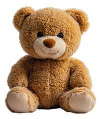 Obraz premium Brown teddy bear sitting, soft toy, fluffy animal, cute plush, isolated object, png, transparent background.