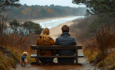 Couple Sitting on a Bench with Their Dog Overlooking a Scenic River