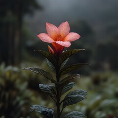Fototapeta premium Solitary orange flower, rain, dark forest, serene nature, wallpaper