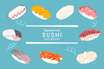 Set of different types of sushi vector illustration. Delicious food. Popular Japanese food. Nigiri sushi. Raw fish on rice. Recipe. Cooking. Menu. Restaurant. For food design, poster and background.