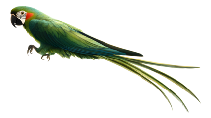 A green and blue parrot with a black beak flies through the air. The bird has a long tail and is the only thing visible in the image