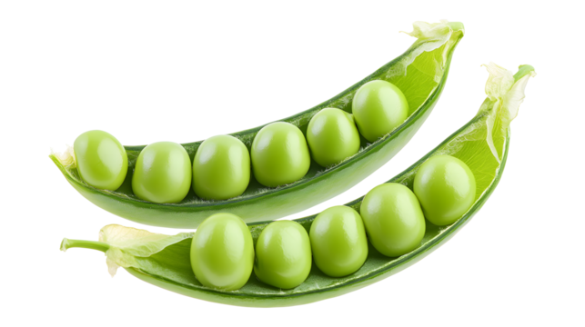 Two green pods of peas are shown, one of which is opened. The peas are small and green, and they are arranged in a way that makes them look like they are in a pod. The image has a simple