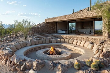 Naklejka premium Desert Fire Pit Gathering Space with Modern Architecture