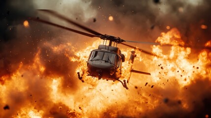 A dramatic scene of a helicopter amidst a raging explosion, capturing a high-stakes action moment that conveys urgency, danger, and excitement in a cinematic style.