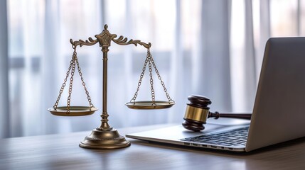 Justice Scales and Laptop, Legal Concept, Office Setting