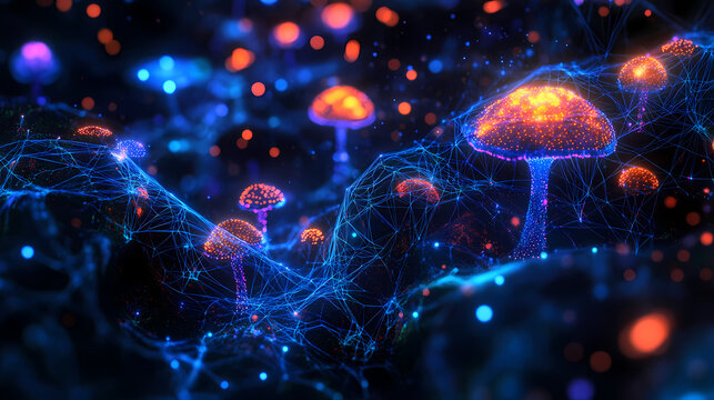 Psychedelic neon mushrooms glowing spores dark forest fantasy art. Networked Spores. Illustration