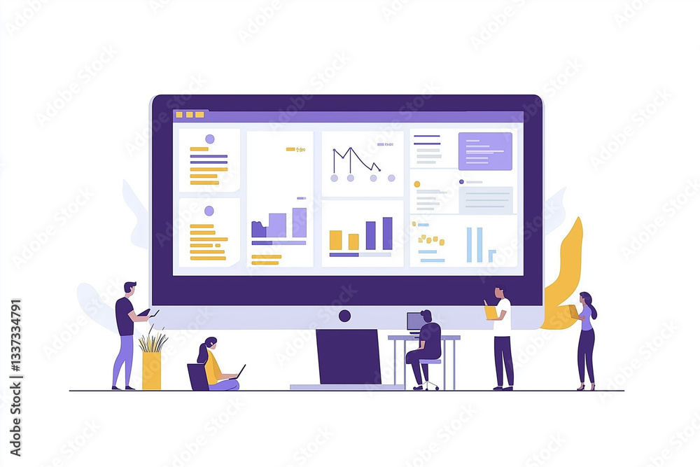 Poster group of people are working on a computer monitor with graphs and charts. concept of collaboration a
