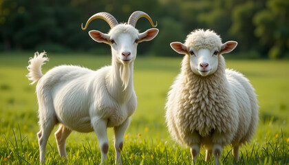Fototapeta premium Goat and Sheep in Pasture Farm Animals Photo