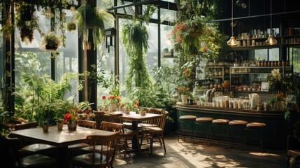 Naklejka premium Sunlit Greenhouse Restaurant with Lush Greenery