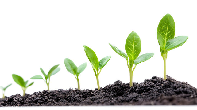 A row of small green plants growing in the dirt. The plants are at different stages of growth, with some being taller than others. Concept of growth and development, as the plants continue to mature