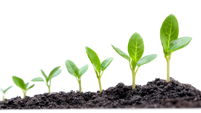A row of small green plants growing in the dirt. The plants are at different stages of growth, with some being taller than others. Concept of growth and development, as the plants continue to mature
