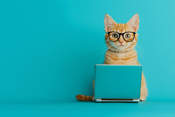 cat wearing glasses is sitting on a laptop. The cat is looking at the camera with a curious expression. Concept of playfulness and curiosity