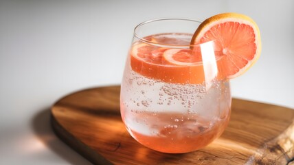 Refreshing grapefruit drink with sparkling water and ice cubes, garnished with grapefruit slices. Healthy and thirst-quenching beverage.