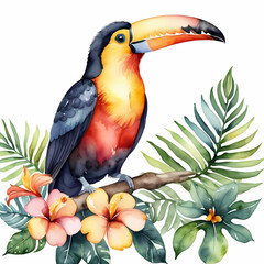Obraz premium Toucan with tropical flowers and leaves. Exotic watercolor bird illustration for cards, posters, isolated 