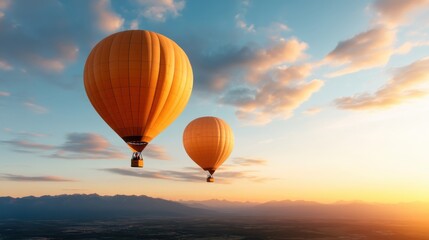 Obraz premium Two colorful hot air balloons gracefully float in a bright sky during sunset, symbolizing serenity, adventure, and the thrill of exploration from above.