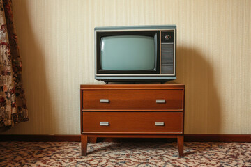 Old TV with clutter on the screen on an old table, vintage design in 80s and 90s style. 
