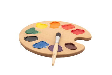 Wooden Palette with Vibrant Paint Colors and Brush for Art