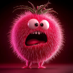 Furious pink tomato with sharp teeth, bushy eyebrows, and vibrant textures. Concept art for animated fruit character.