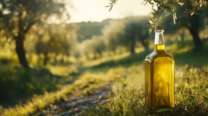 Elegant Italian Olive Oil Bottle with Olive Grove Background – Copy Space for Branding and Promotional Designs
