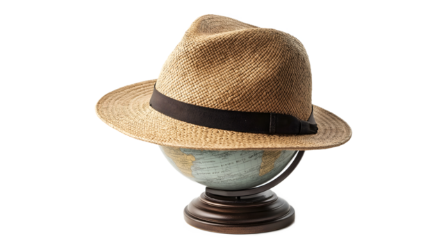 A hat is on top of a globe. The hat is brown and has a black band. The globe is white and has a blue and green color - Powered by Adobe
