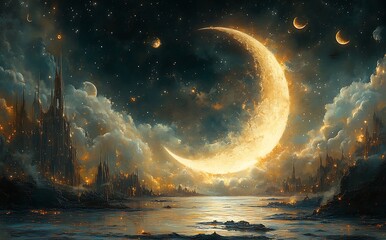 Luminous Crescent Moon Illuminates Starry Sky with Planets, Clouds, and Waterfront

