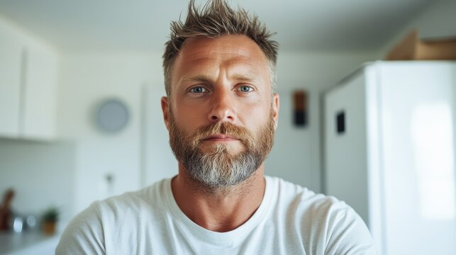 A contemplative man with a well-groomed beard stares thoughtfully into the camera, set against a bright, minimalistic kitchen backdrop, capturing introspection and serenity.