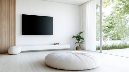 This contemporary living room features a sleek design with a large window, flat-screen TV, and cozy seating, showcasing minimalist aesthetics and natural light.