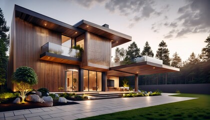 자연 속에 위치한 현대적인 고급 목조 주택