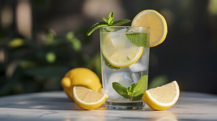 Fototapeta premium Refreshing lemon and mint infused water on a sunny day, ideal for a healthy and hydrating beverage. Great for summer refreshment