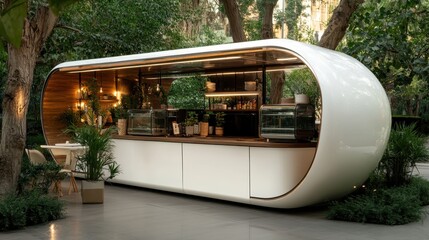 This image showcases an innovative outdoor cafe kiosk, blending seamlessly with the surrounding greenery, providing a unique space for relaxation and enjoyment in nature.