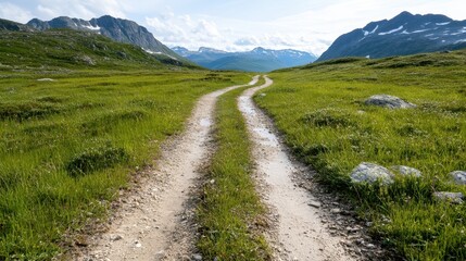 Fototapeta premium A winding dirt road cuts through a vibrant green meadow surrounded by majestic mountains, inviting exploration under a bright blue sky.