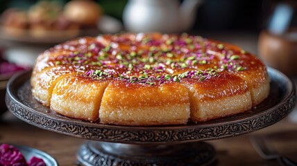 Middle eastern sweets kunefe with pistachio. Turkish arabic traditional dessert