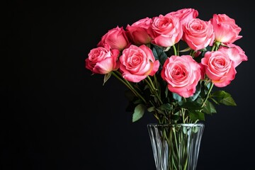 A bouquet of vibrant pink roses in a clear vase against a black backdrop