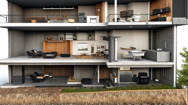 Architectural Visualization of a Modern House Section, Interior Design and Structure