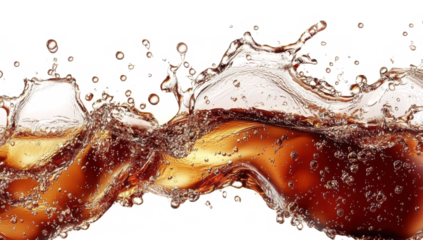 cascading liquid brown soda or tea splash frozen in an abstract futuristic 3d texture isolated on a transparent background 
