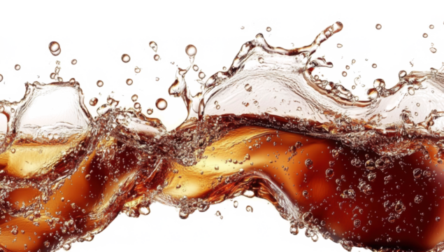 cascading liquid brown soda or tea splash frozen in an abstract futuristic 3d texture isolated on a transparent background 
