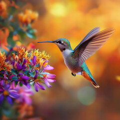Naklejka premium Hummingbird Hovering Over Vibrant Flowers in a Colorful Scene