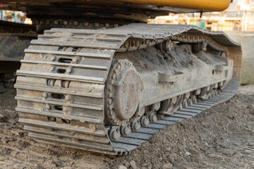 Close up of dirty track pad and rollers on a yellow excavator in sunlight