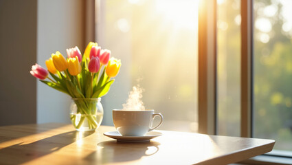 Bright morning scene with a steaming cup of coffee and tulips on a wooden table
