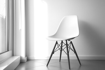 White chair with black legs against the corner of the room