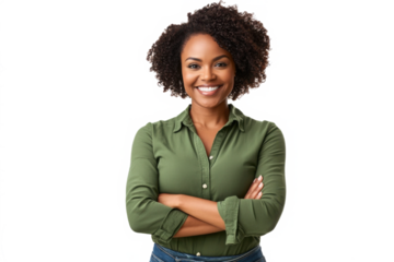 Happy black woman smiling confidently, arms crossed Isolated on white background 
