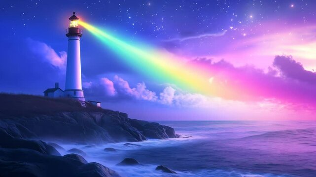 Enchanting lighthouse illuminates rocky coastline with rainbow beams under midnight sky
