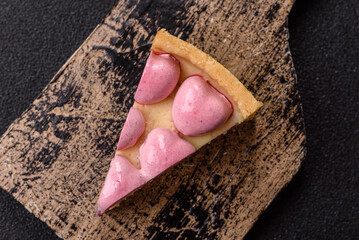 Sweet cheesecake with berry flavor, decorated with pink hearts