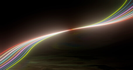 3D rendering, abstract panoramic background with neon light. Laser show, pulses, equalizer,...
