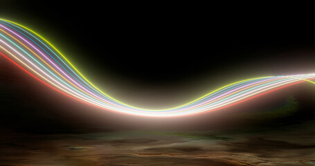 3D rendering, abstract panoramic background with neon light. Laser show, pulses, equalizer, spectrum and energy pulsating lines.