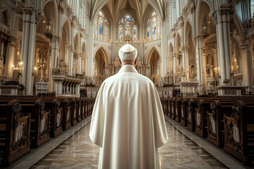 Naklejka premium A Catholic priest in a white cassock stands inside a beautiful cathedral, shot from behind.