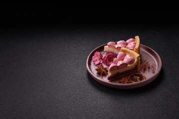 Sweet cheesecake with berry flavor, decorated with pink hearts