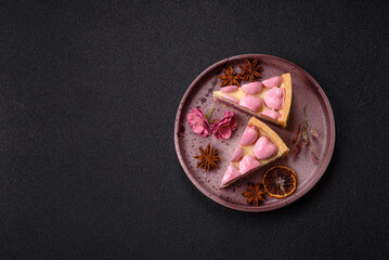 Sweet cheesecake with berry flavor, decorated with pink hearts