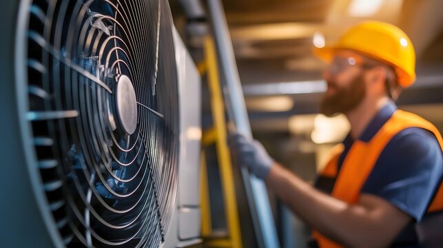Close-up view of HVAC technician performing maintenance on air conditioning system in commercial building environment